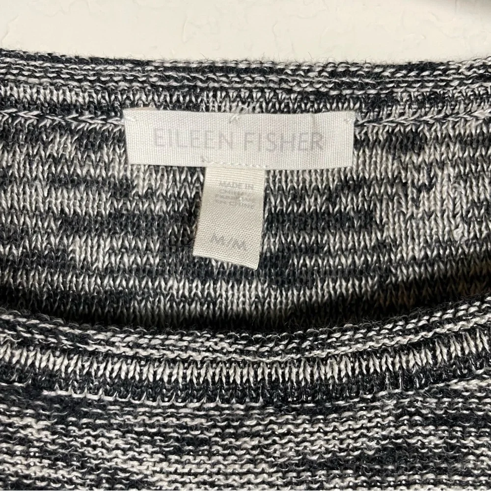 Eileen Fisher Organic Linen Gray Black Stripe Boxy Oversized Sweater Medium